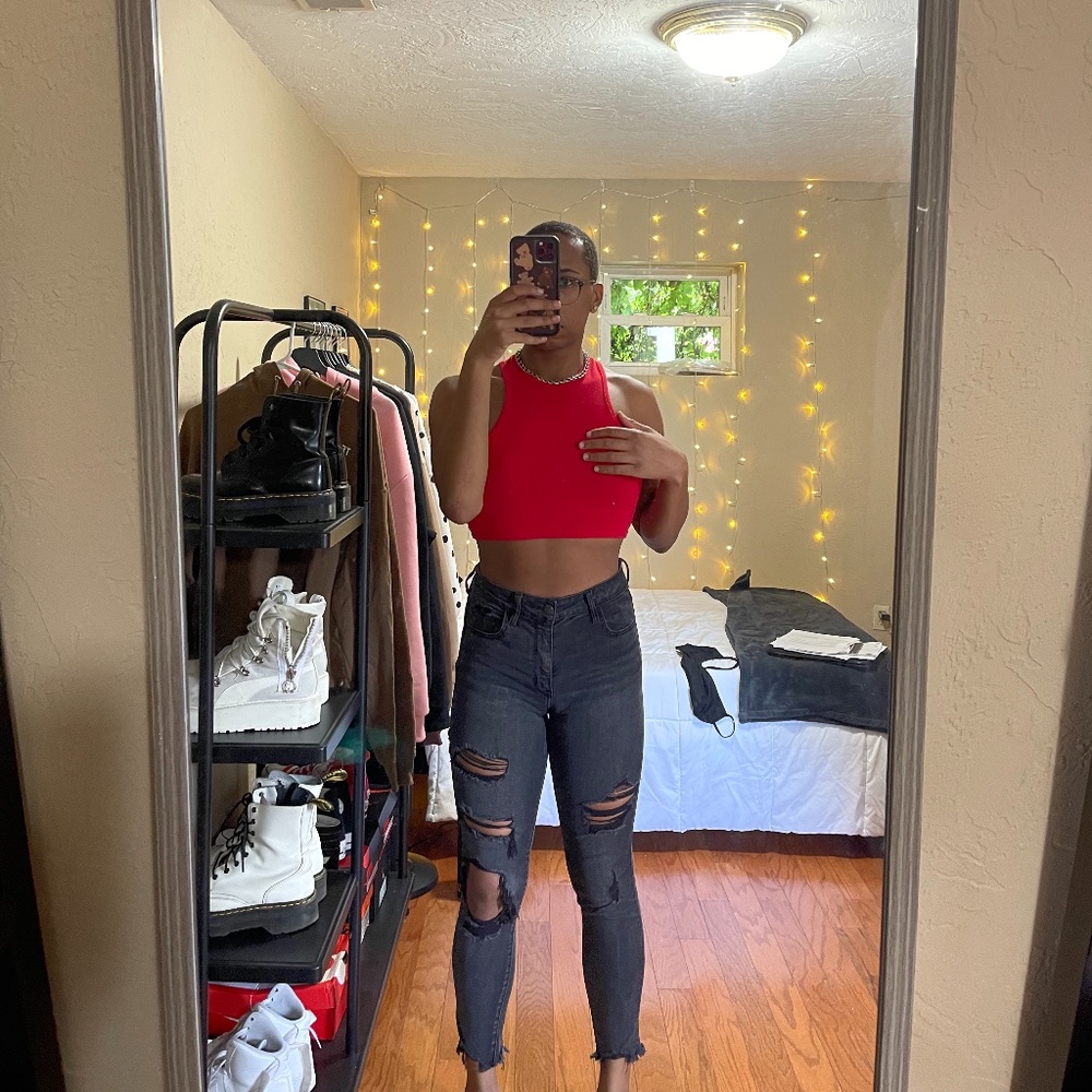 High waisted distressed jeans